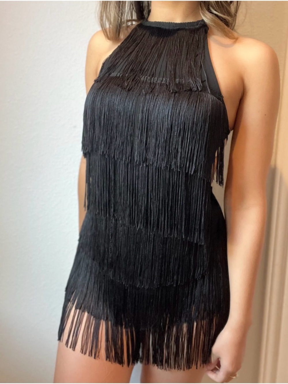 Black Fringe Halter Mini Dress - Women